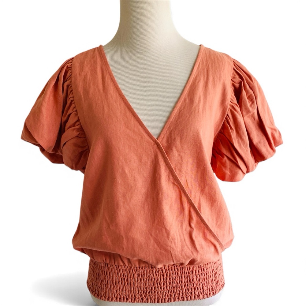 Marc New York Peach Coral Linen Blouse Top Puff Boho Cottagecore Medium New NWT
